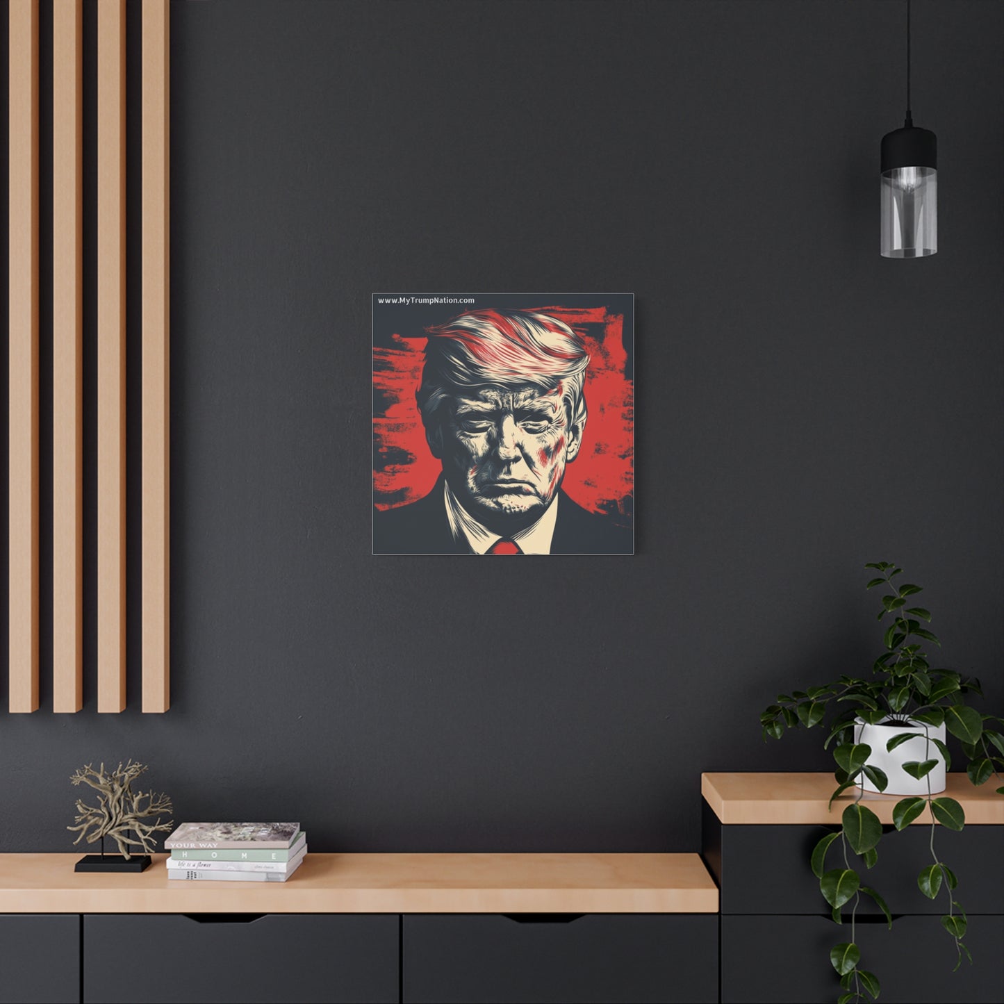 Political Wall Art: Stretched Matte Canvas Featuring Bold Trump Portrait