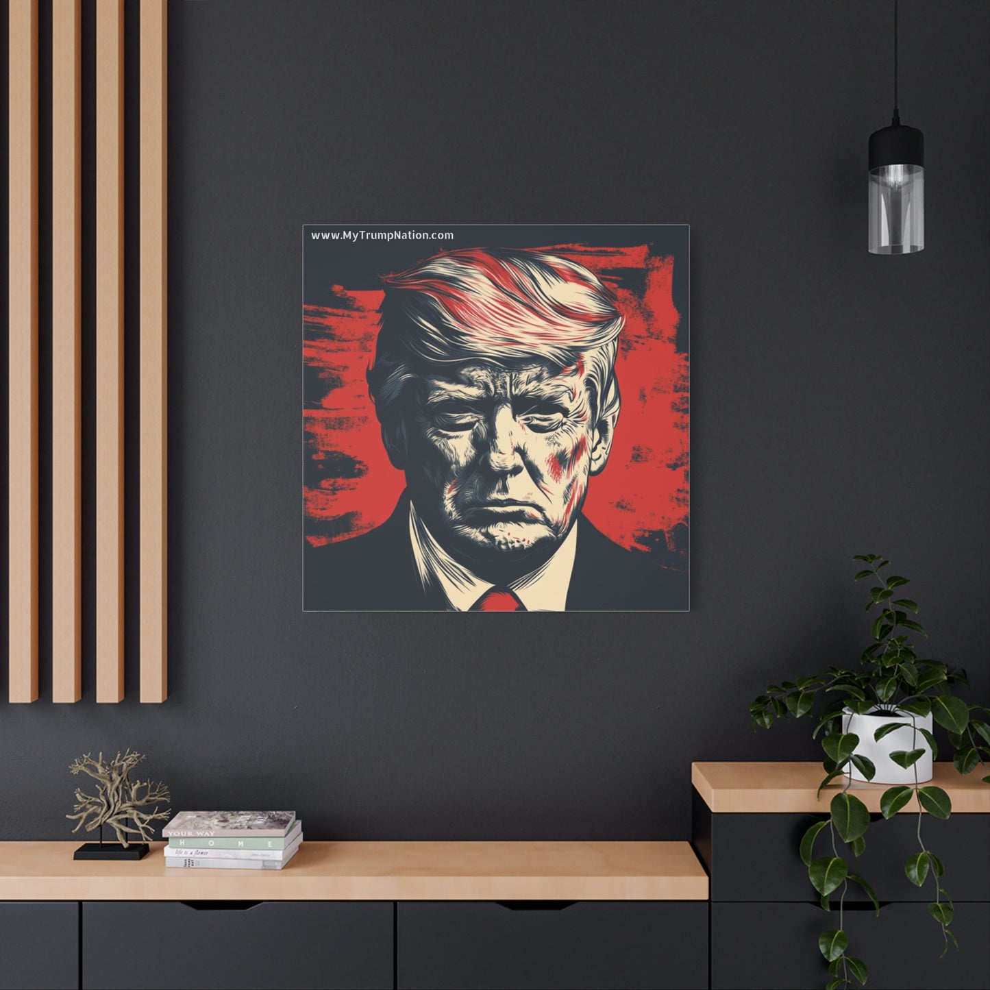 Political Wall Art: Stretched Matte Canvas Featuring Bold Trump Portrait